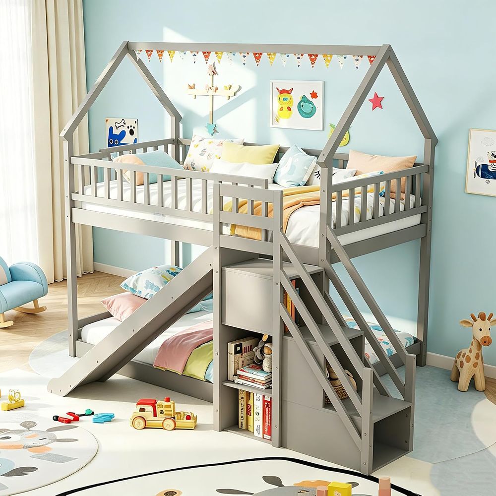 Bunk Bed With Stairs And Slide - Lit superposé double avec toboggan et