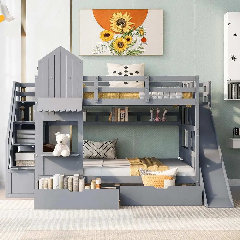 Bunk Bed With Stairs And Slide - Lit superposé double avec escalier, toboggan,