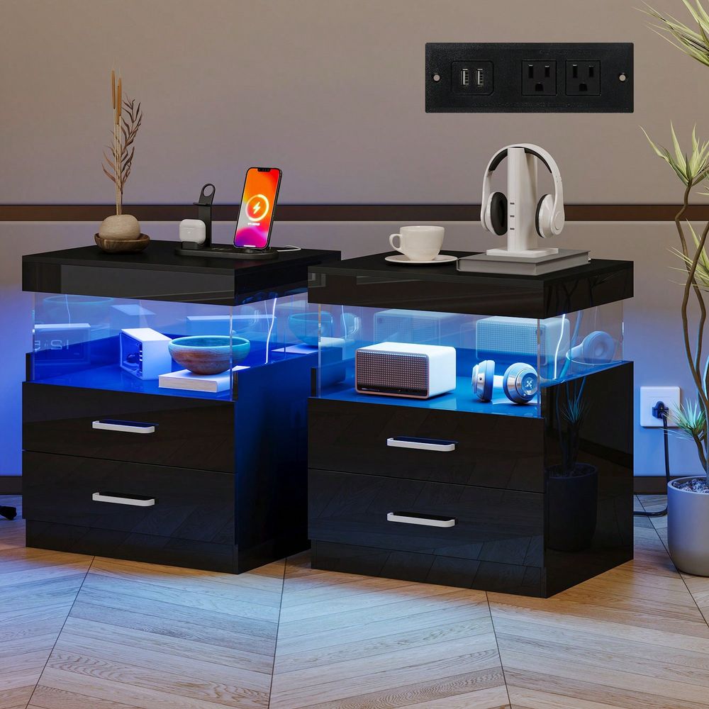 Floating Nightstand With Led Light - Table de chevet noire à LED
