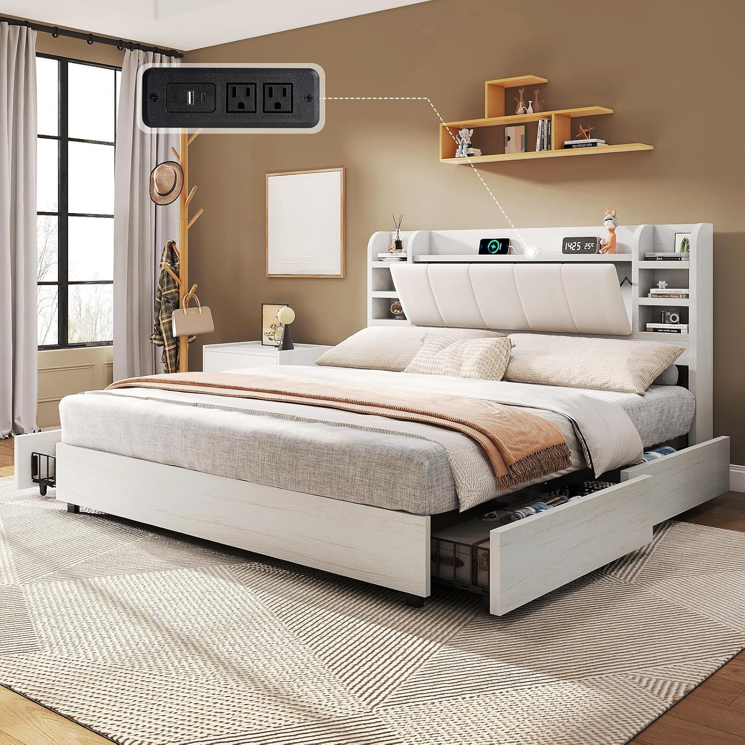King Size Bed Frame With Storage Drawers - Lit plateforme rembourré King Size avec