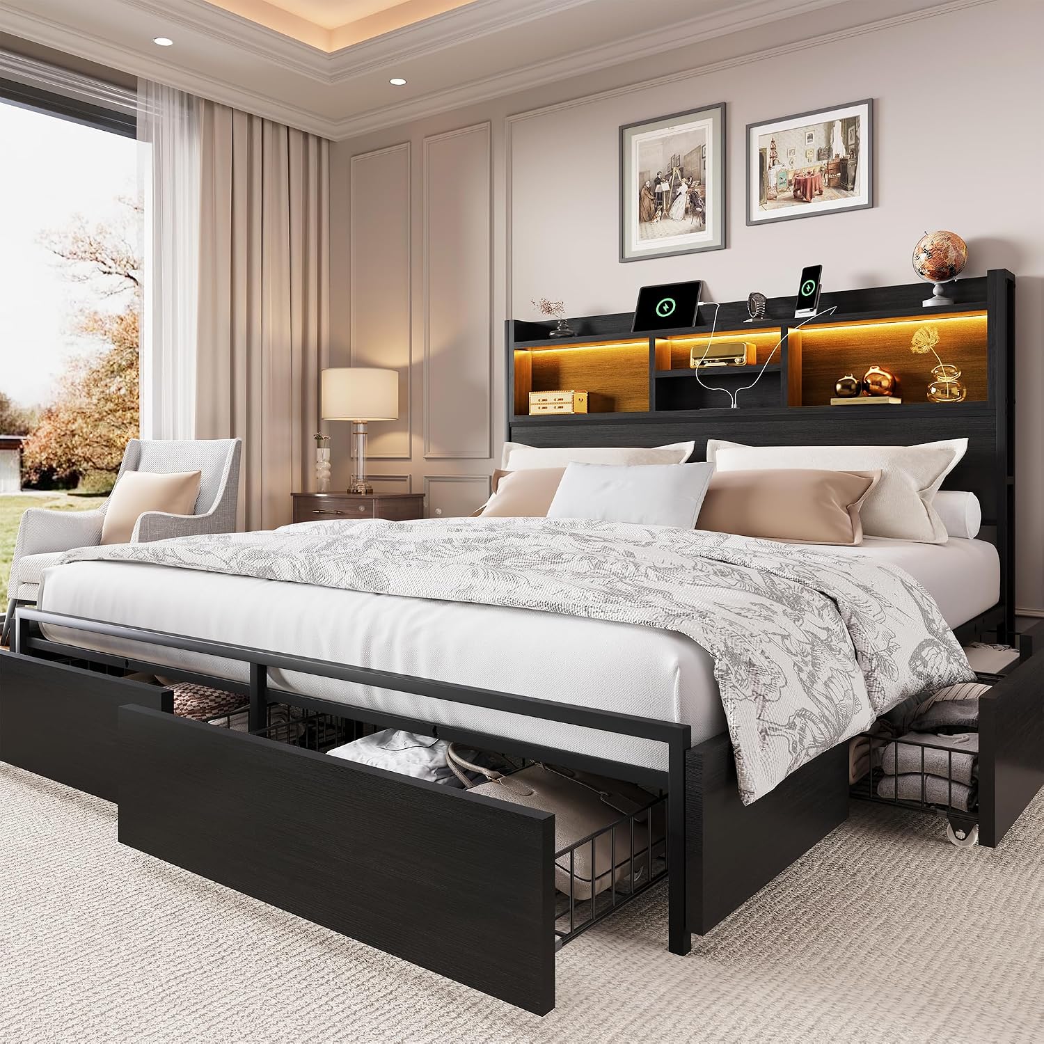 King Size Bed Frame With Storage Drawers - Cadre de lit king size avec