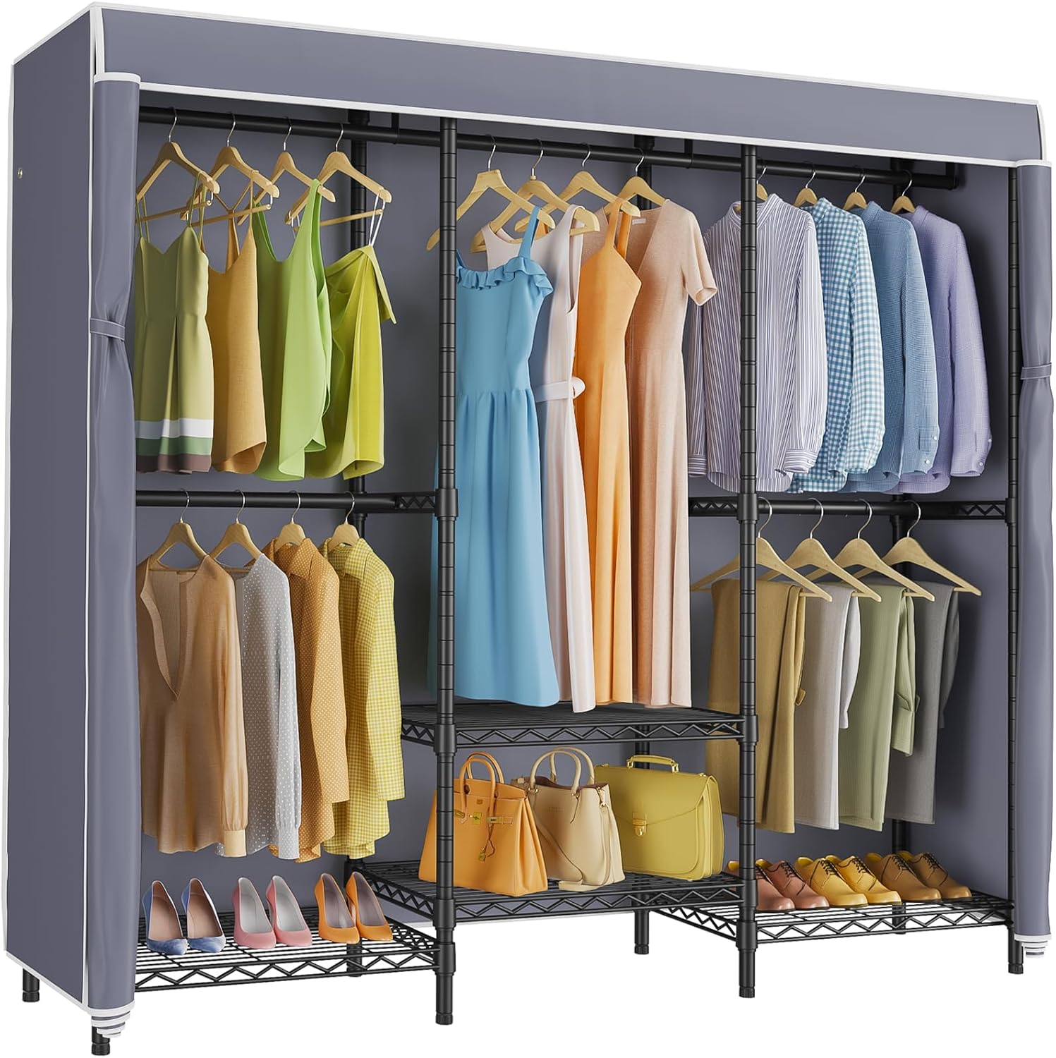 Wardrobe Closet Portable Fabric Cover - Porte-vêtements couvert avec étagères réglables, système