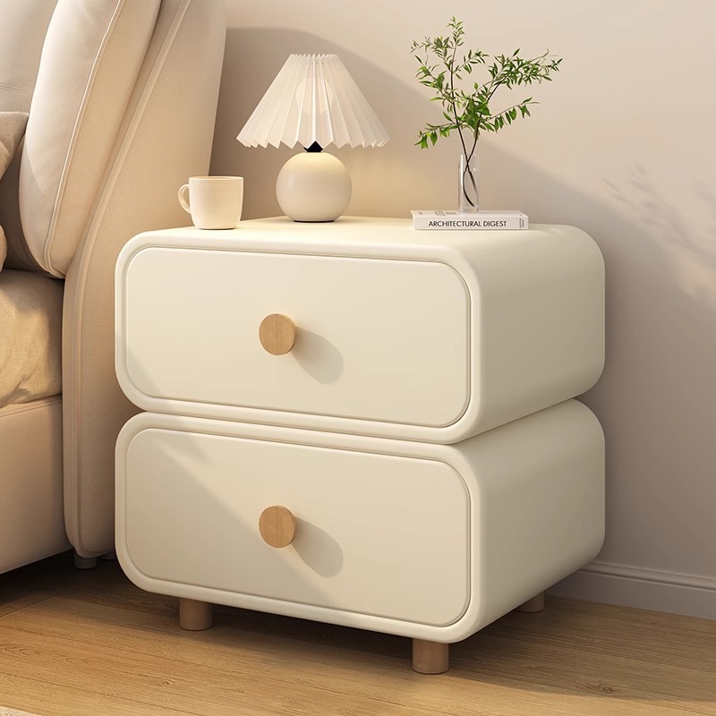 Solid Wood Nightstand 2 Drawers - Table de Chevet Minimaliste Crème à