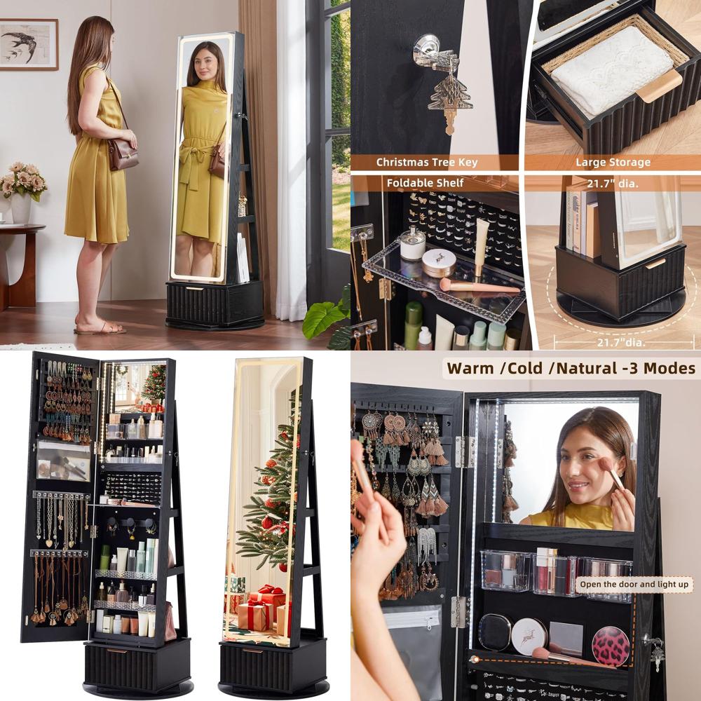 Full Length Mirror Jewelry Armoire - 360 ° Armoire à bijoux pivotante