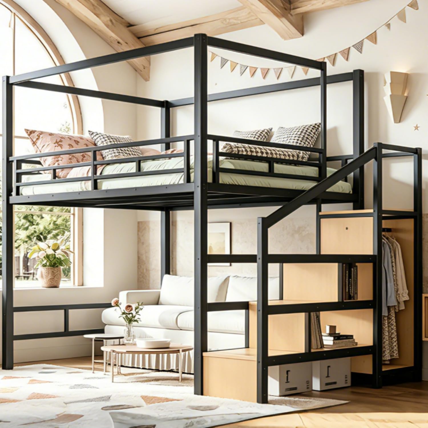 Canopy Bed Frame Metal Queen - Lit mezzanine Queen avec escalier de
