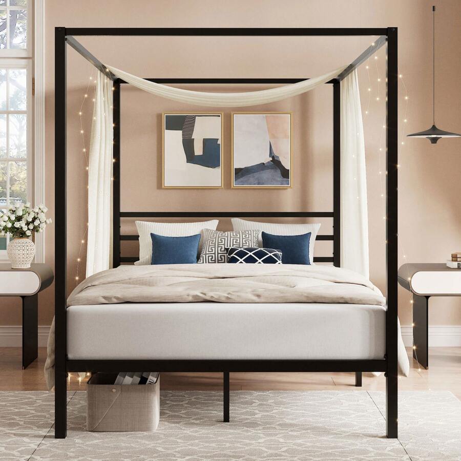Canopy Bed Frame Metal Queen - Cadre de lit à baldaquin noir,