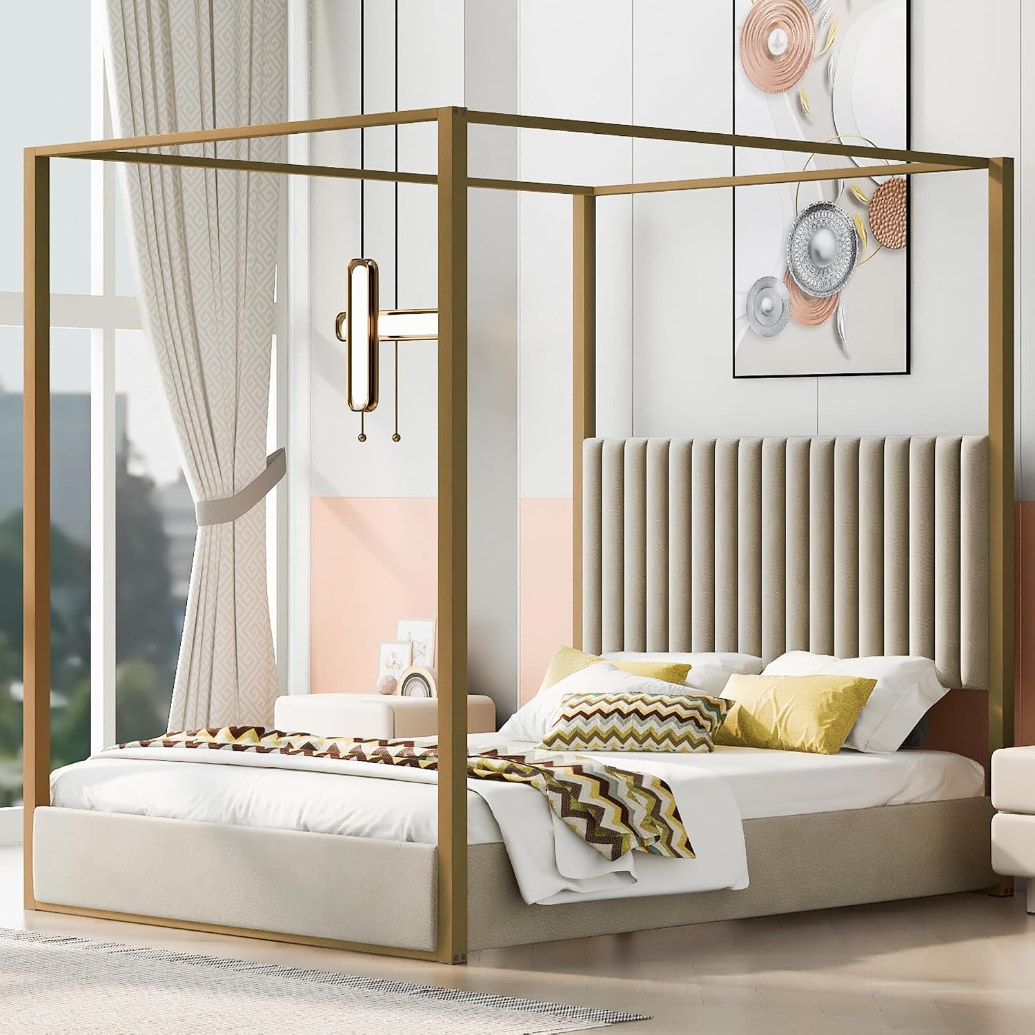 Canopy Bed Frame Metal Queen - Lit plateforme moderne avec baldaquin, tête