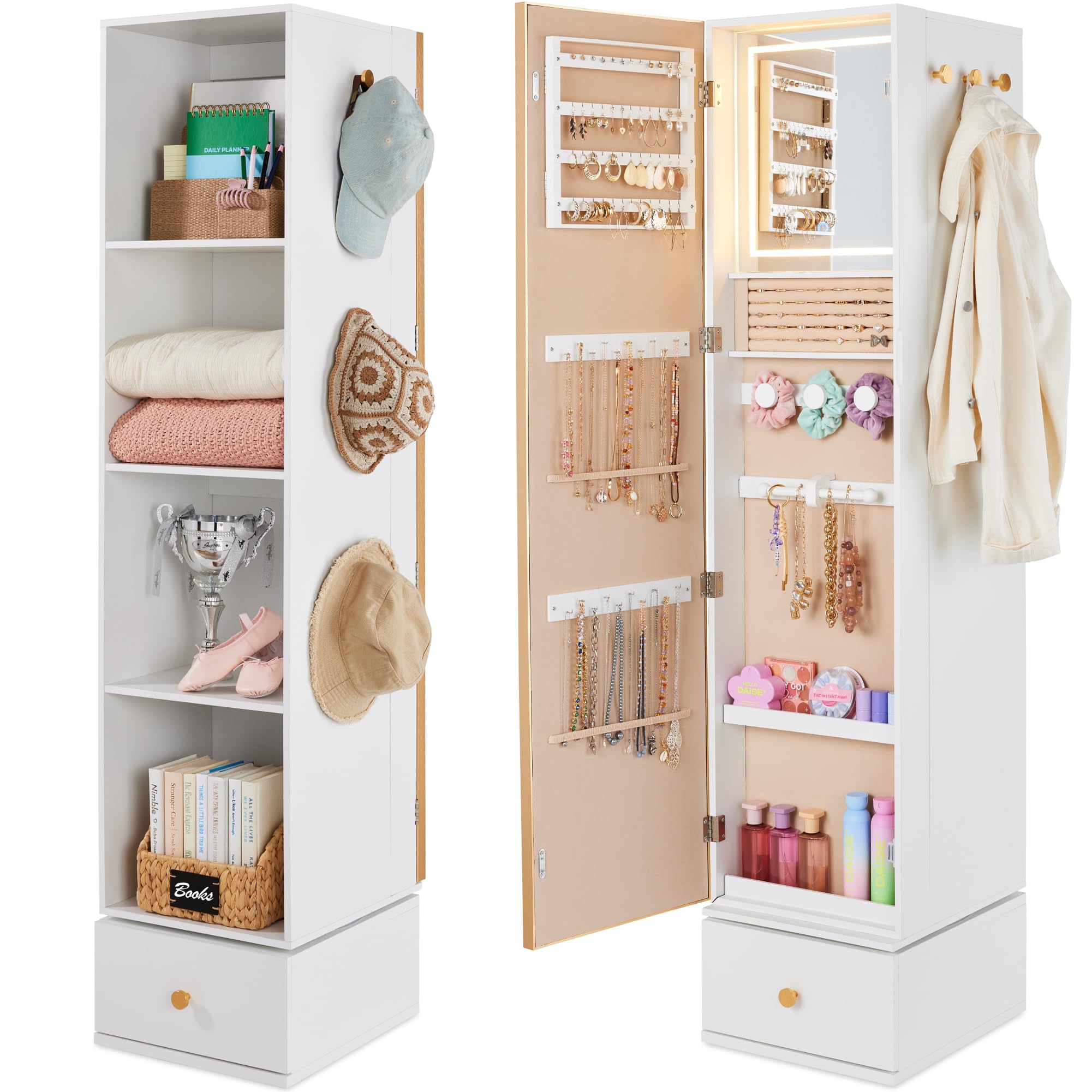 Full Length Mirror Jewelry Armoire - Miroir rotatif avec armoire de rangement,