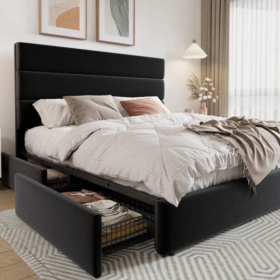 King Size Bed Frame With Storage Drawers - Cadre de lit plateforme taille Full/Queen/King