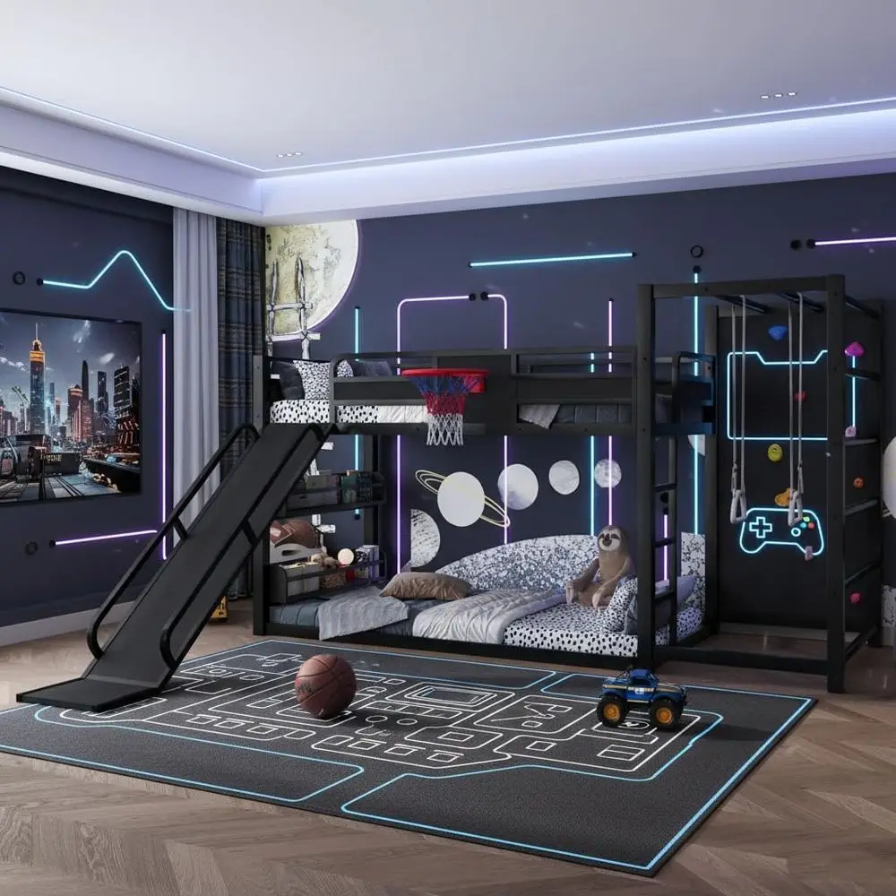 Bunk Bed With Stairs And Slide - Lit superposé en métal avec panier