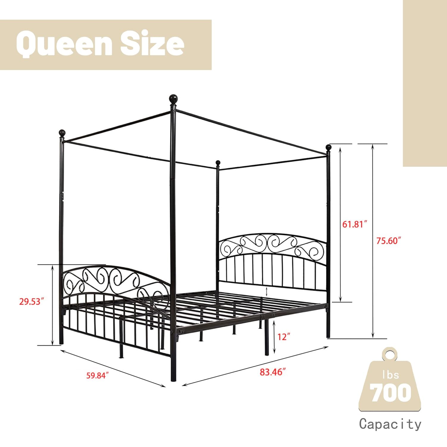 Cadre de lit à baldaquin en mé - Canopy Bed Frame Metal Queen avis et prix