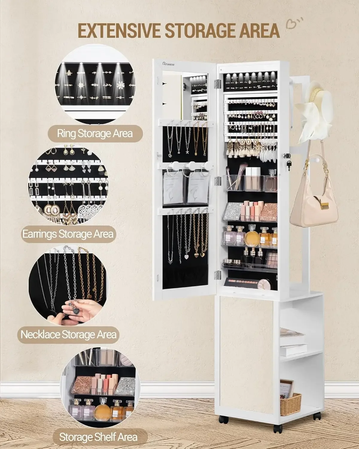Armoire à bijoux à 8 LED, orga - Full Length Mirror Jewelry Armoire avis et prix