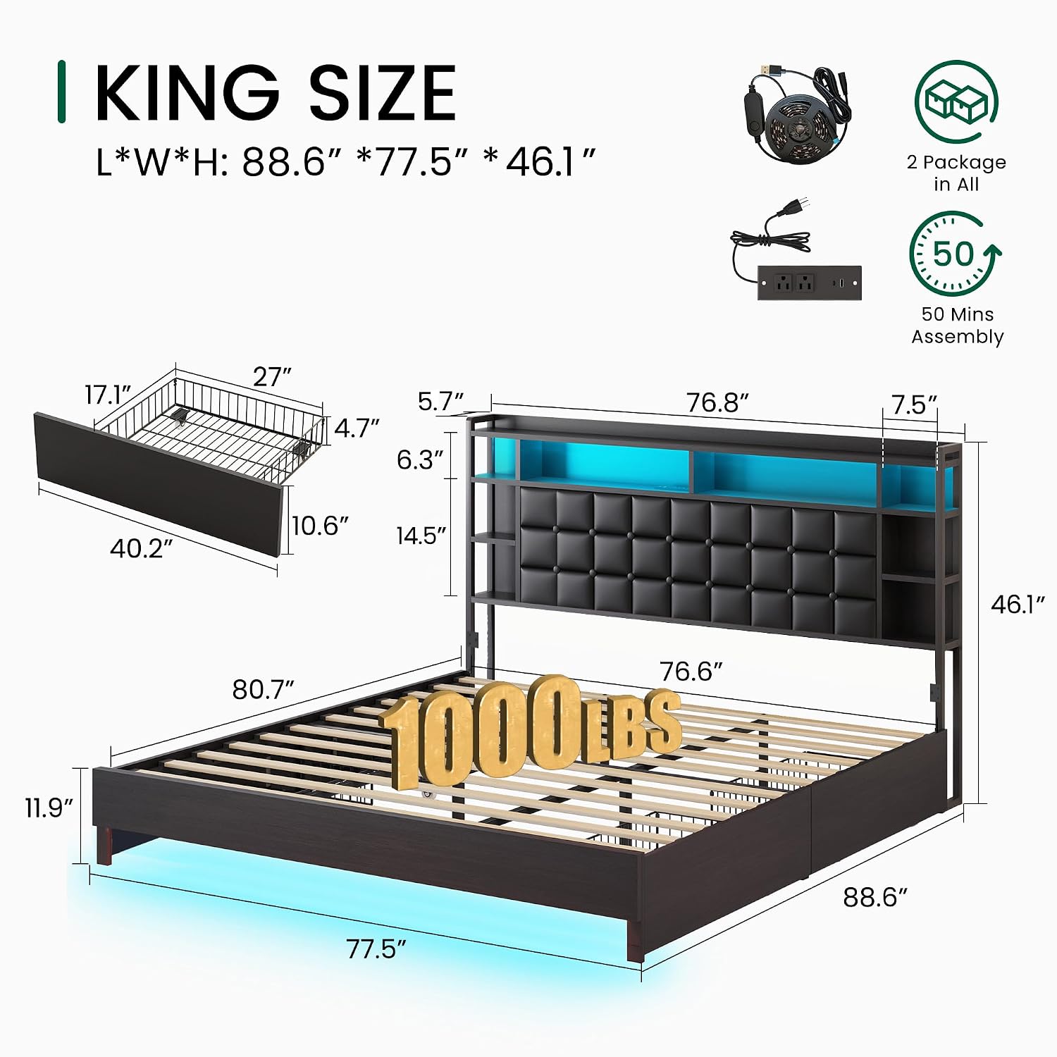Cadre de lit en bois King Size - King Size Bed Frame With Storage Drawers avis et prix
