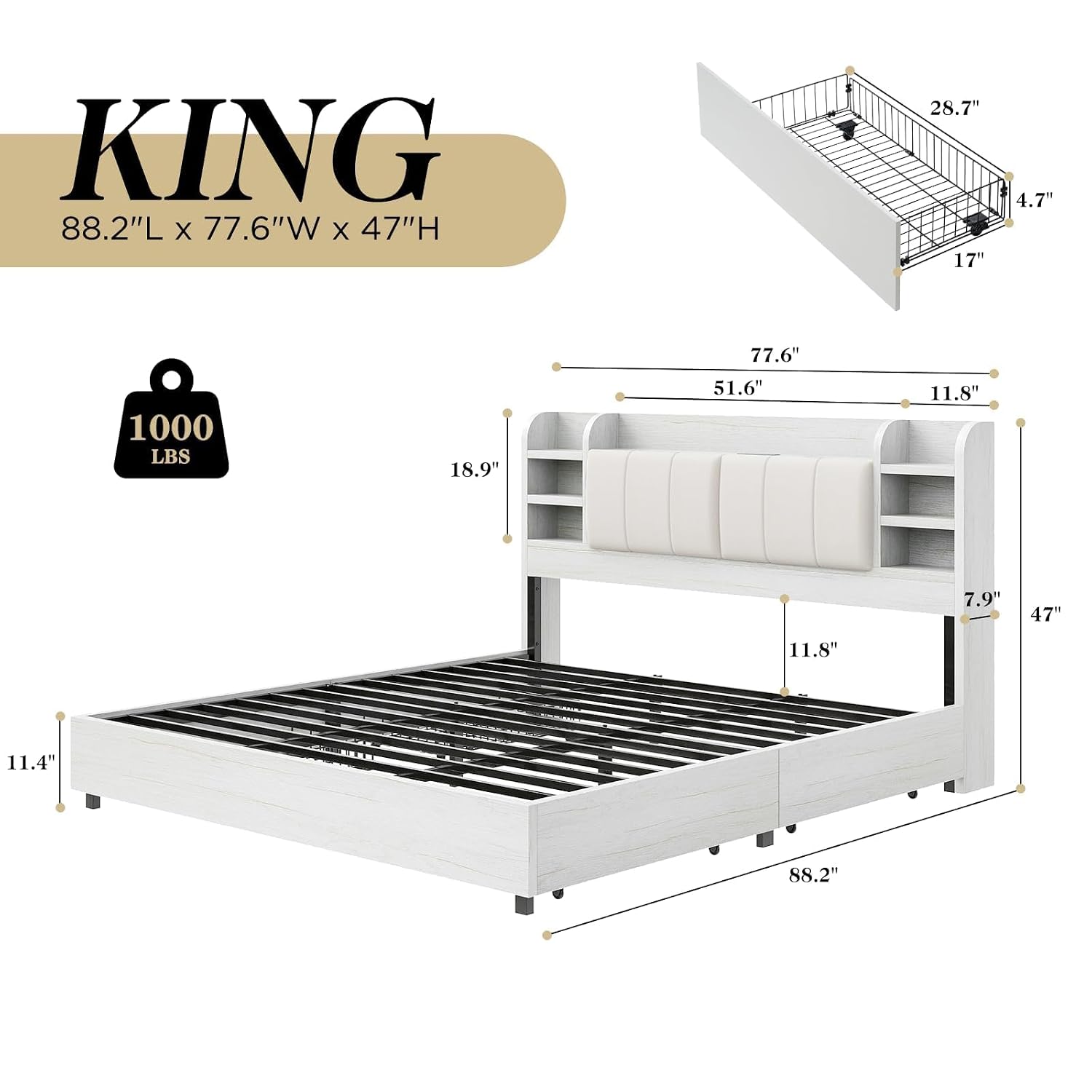 Lit plateforme rembourré King  - King Size Bed Frame With Storage Drawers avis et prix