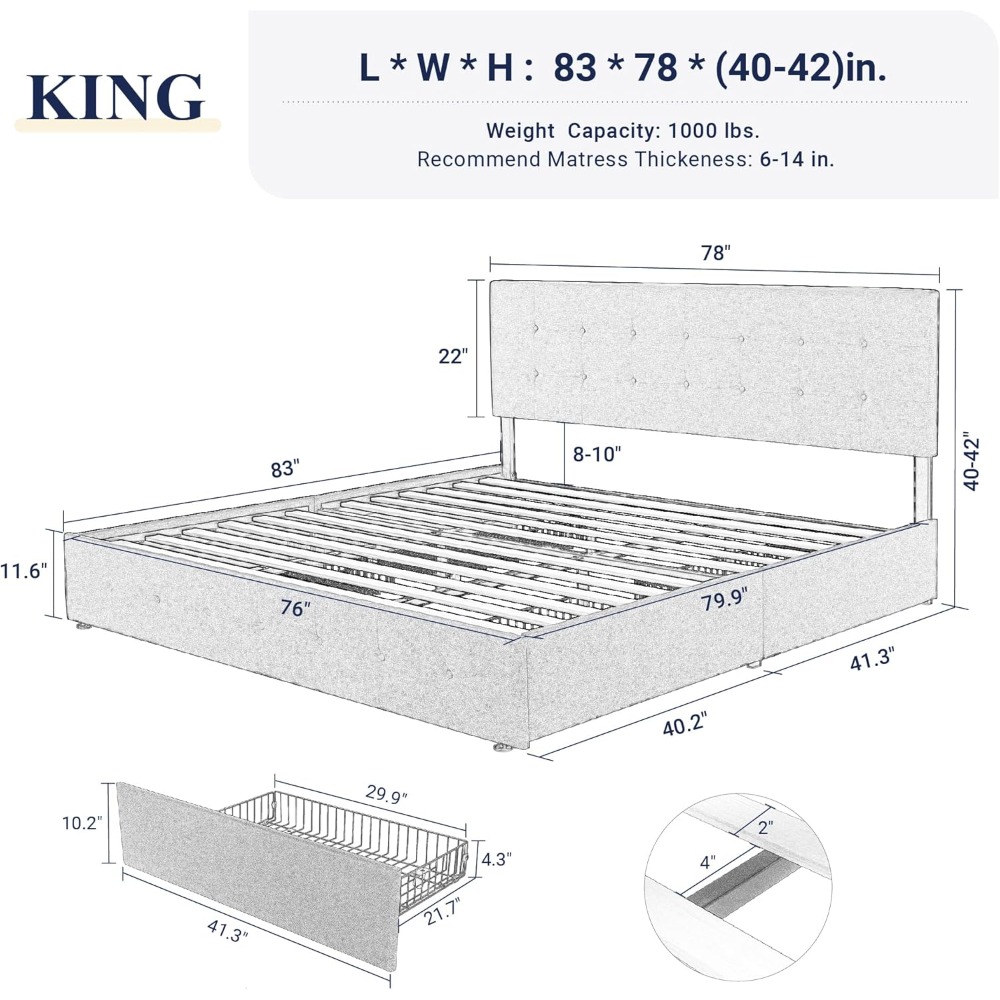 Cadre de lit plateforme King S - King Size Bed Frame With Storage Drawers avis et prix